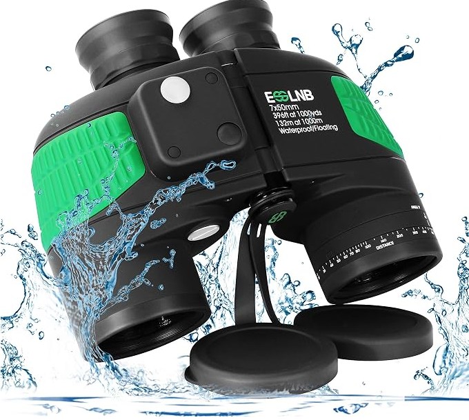 ESSLNB Marine Binoculars 7X50 Compass Binoculars BAK4 Prism with Night Vision Rangefinder Compass Strap and Bag 100% IPX7 Waterproof For Hunting Boating